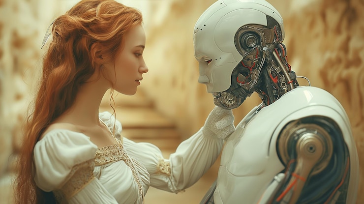 Foto una mujer toca suavemente la cara del robot en una conexión emocional y romántica que muestra la emoción del tacto y la tecnología