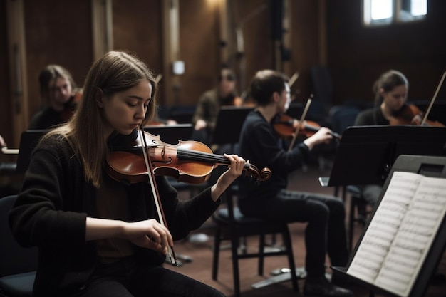 Una mujer toca el violín en una orquesta.