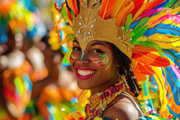 Foto una mujer con un tocado de colores brillantes sonríe a la cámara gente vestida con trajes vibrantes celebrando el carnaval brasileño generado por ia