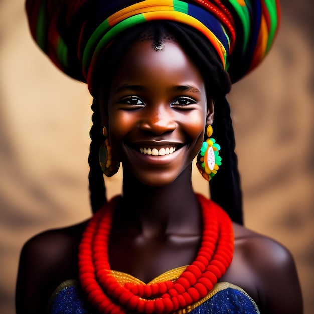 Una mujer con un tocado de colores y un collar rojo.