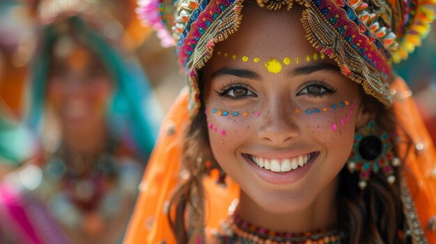 La mujer con el tocado de colores sonríe