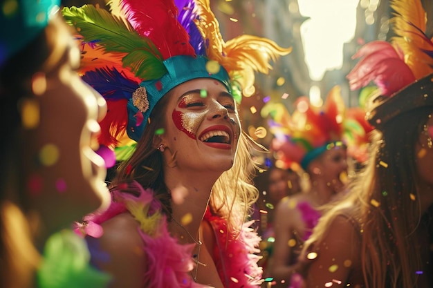 Foto una mujer con un tocado colorido está rodeada de confeti