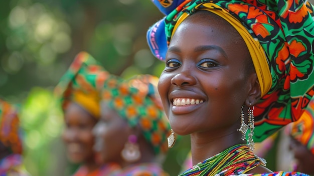 una mujer con un tocado colorido y un sombrero colorido está sonriendo