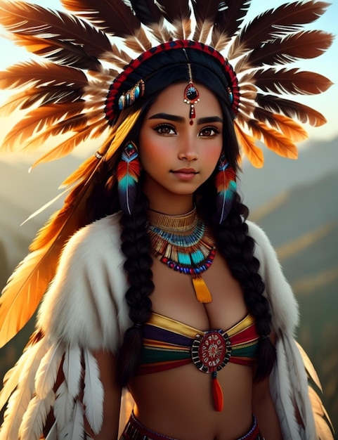 Una mujer con un tocado colorido y un tocado de plumas