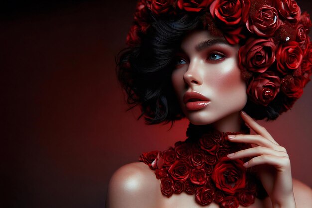 mujer con un tocado de flor roja y rosas rojas en su vestido