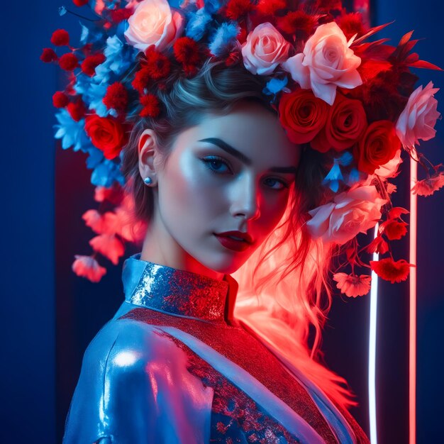 Una mujer con un tocado de flores y lápiz labial rojo