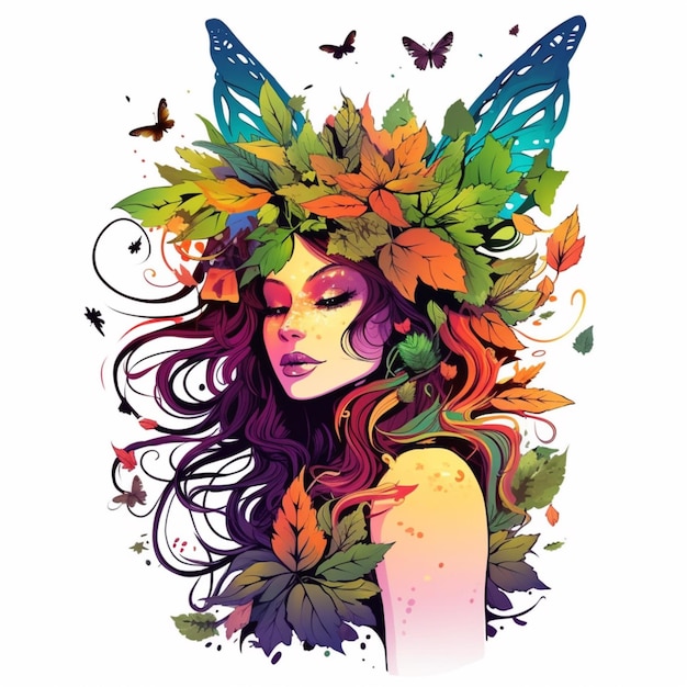 Foto una mujer con un tocado de mariposa y hojas en su cabeza generativa ai