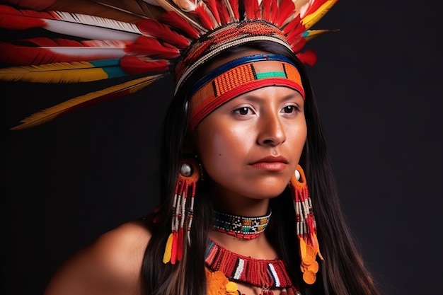 Una mujer con un tocado de nativo americano y un tocado de plumas.