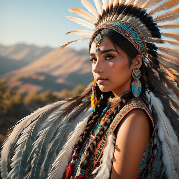 Una mujer con un tocado de plumas y una montaña al fondo.