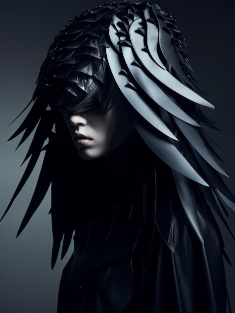 Una mujer con un tocado de plumas y un sombrero de plumas negro.