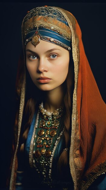 una mujer con un tocado rojo y ojos azules está posando en una foto