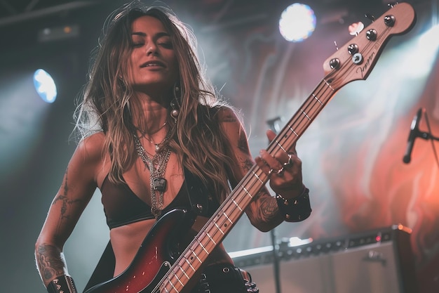 Una mujer tocando el bajo en el escenario