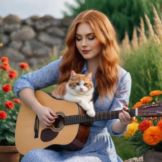 una mujer tocando una guitarra con un gato en el hombro