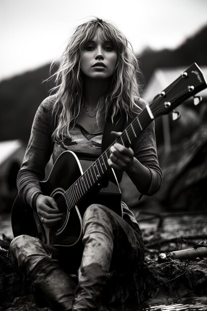 Foto una mujer tocando una guitarra con una guitarra en la mano