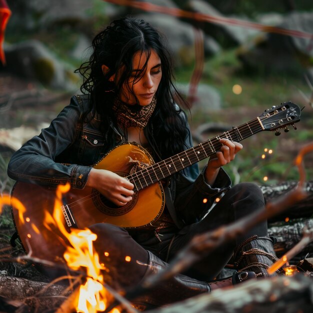una mujer tocando la guitarra junto al fuego
