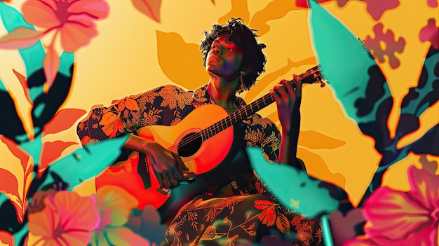 Foto una mujer tocando una guitarra con mariposas en el fondo