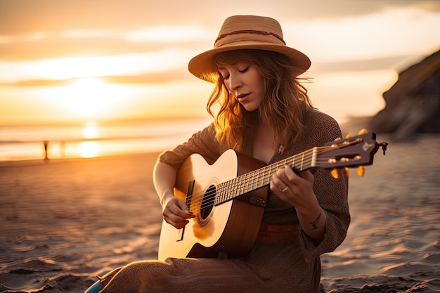 Una mujer tocando la guitarra en la playa al atardecer