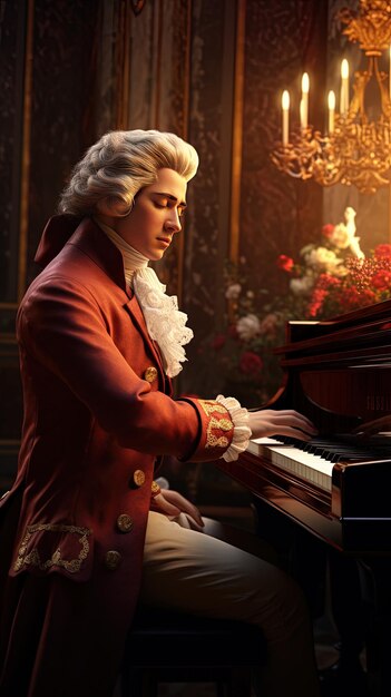 Foto una mujer tocando el piano con una chaqueta roja