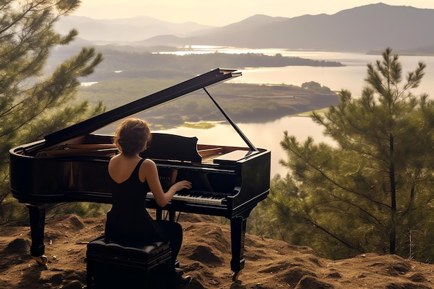 Una mujer tocando un piano en la cima de una montaña