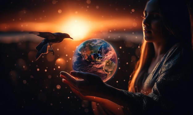 Foto mujer tocando el planeta tierra del consumo de energía de la humanidad por la noche y pájaro libre disfrutando de la naturaleza en el fondo del atardecer ia generativa