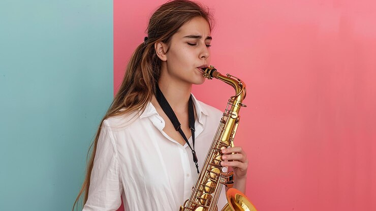 Foto una mujer tocando un saxofón con un fondo rosa