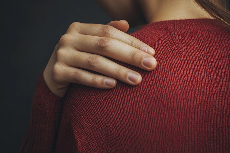 Mujer tocando suavemente su hombro en un acogedor suéter rojo contra un fondo oscuro IA generativa