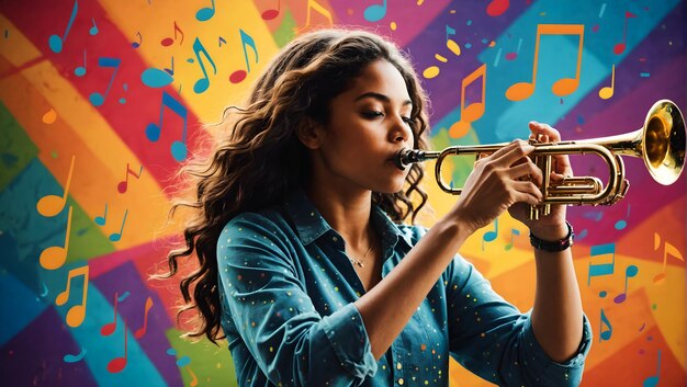 una mujer tocando la trompeta en un colorido fondo musical
