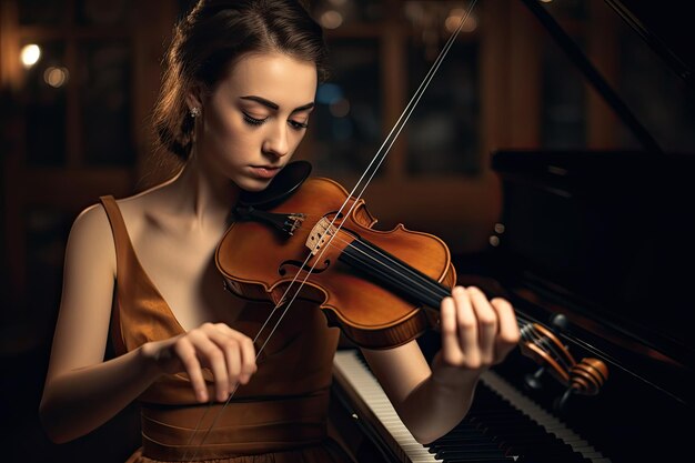 Mujer tocando el violín en un piano