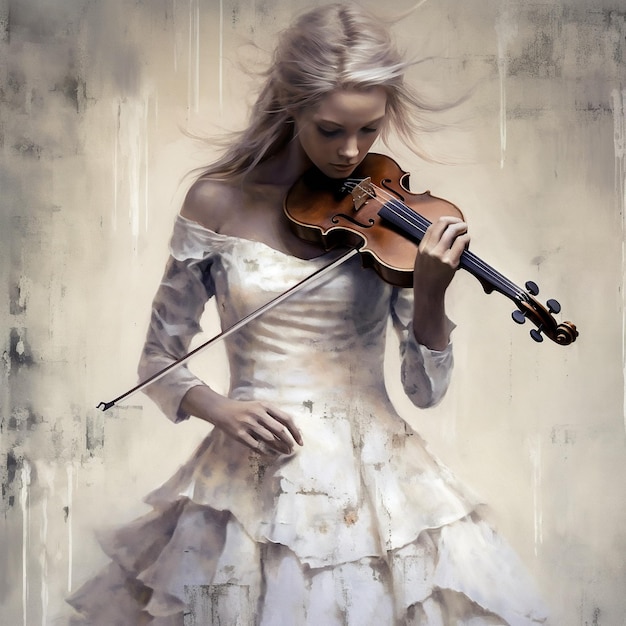 Una mujer tocando un violín con un vestido blanco.