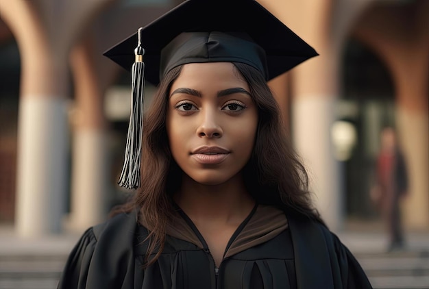 mujer con toga de graduación parada frente a un edificio al estilo de un encantador