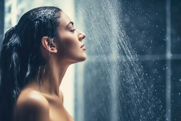 La mujer toma una ducha y se lava el cabello en el fondo negro mujer asiática ella