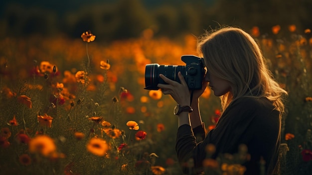 Una mujer toma una foto de un campo de flores.