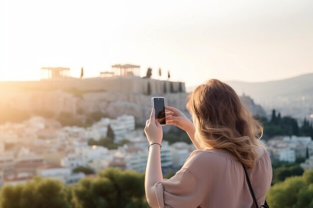 Una mujer toma una foto de la famosa acrópolis de atenas