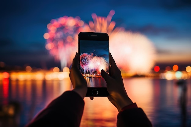 La mujer toma una foto de los fuegos artificiales una noche de celebración generada por Ai
