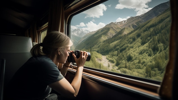 una mujer toma una foto de montañas y montañas.