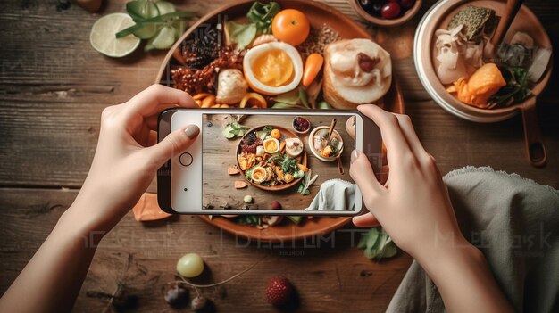 Una mujer toma una foto de su comida en su teléfono.