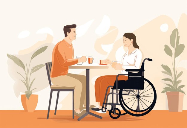 Foto mujer tomando café con un amigo en silla de ruedas en el restaurante