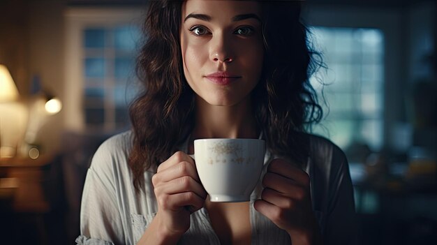 Mujer tomando café en casa con el amanecer brillando a través de la ventana