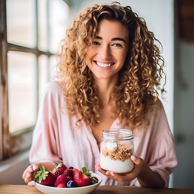 mujer tomando un desayuno saludable con granola