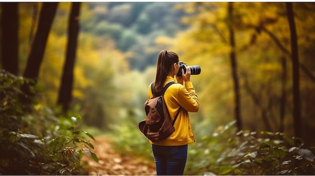 Una mujer tomando una foto en un bosque con una cámara.