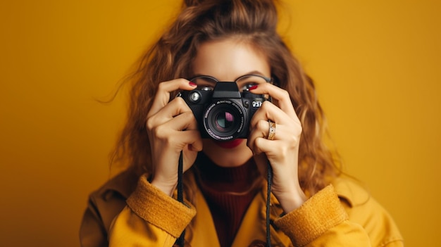 Una mujer tomando una foto con una cámara.