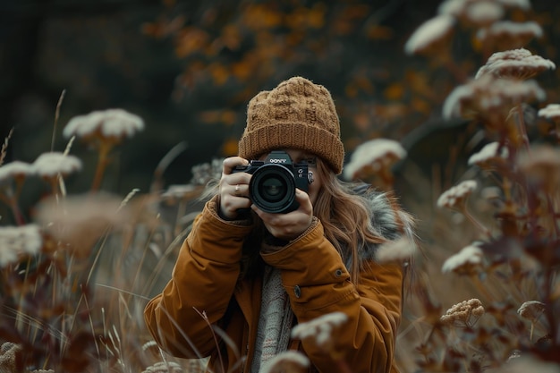 Una mujer tomando una foto de un campo con una cámara