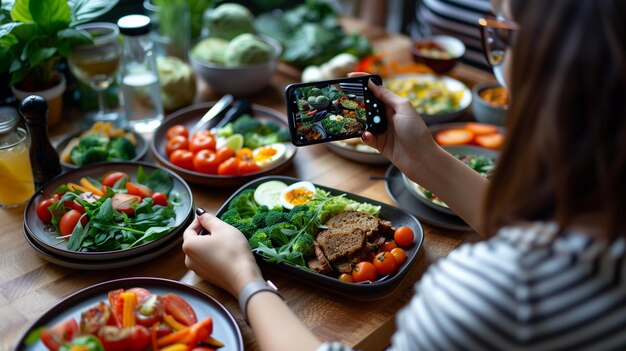 Mujer tomando una foto de ensalada de verduras con un teléfono inteligente en la mesa en un restaurante