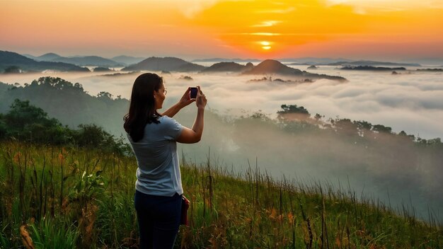 Foto mujer tomando una foto a la niebla matinal en phu lang ka phayao en tailandia