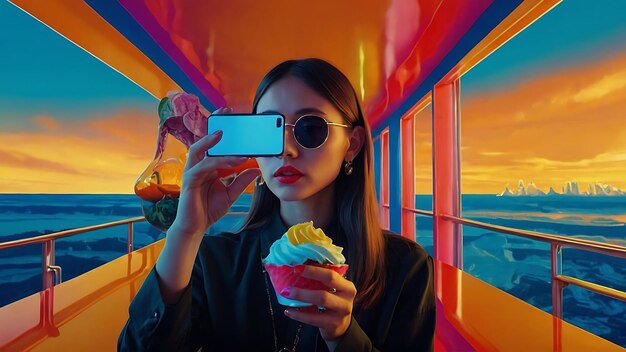 Foto una mujer está tomando una foto de un pastel y un teléfono celular