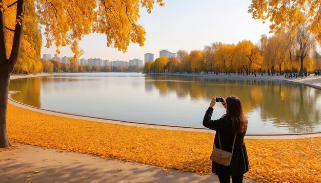 Foto una mujer tomando fotos de un lago rodeado de árboles con hojas naranjas y amarillas en el parque herastrau