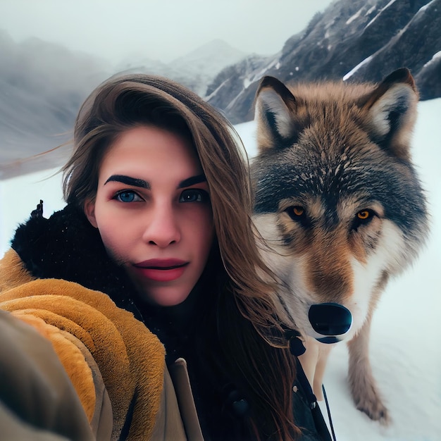 Una mujer tomando una selfie con un lobo