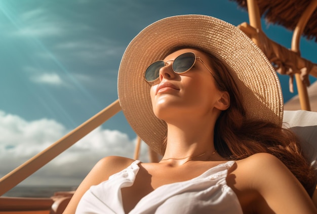 Foto una mujer tomando el sol con sombrero y gafas