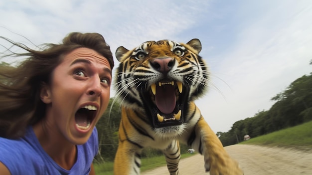 Foto una mujer tomándose un selfie con un tigre el hombre está corriendo león persiguiendo al hombre animales salvajes