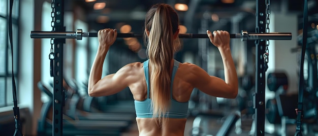 Mujer tonificada realizando un ejercicio de pulldown para fortalecer la espalda y los bíceps en el gimnasio Concepto Gimnasio Entrenamiento de fuerza Entrenamento de espalda Ejercicios de bíceps Ejercicio de fitness Motivación